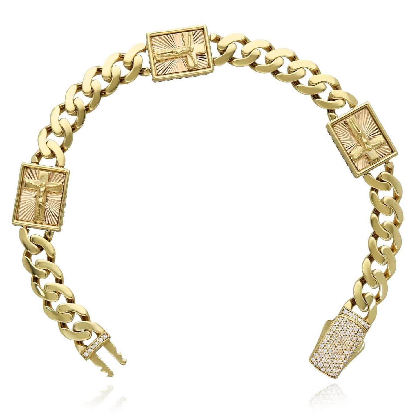 Real 14K Gold 13mm Miami Cuban Jesus Crucifix Bracelet 9" Solid Pavé CZ