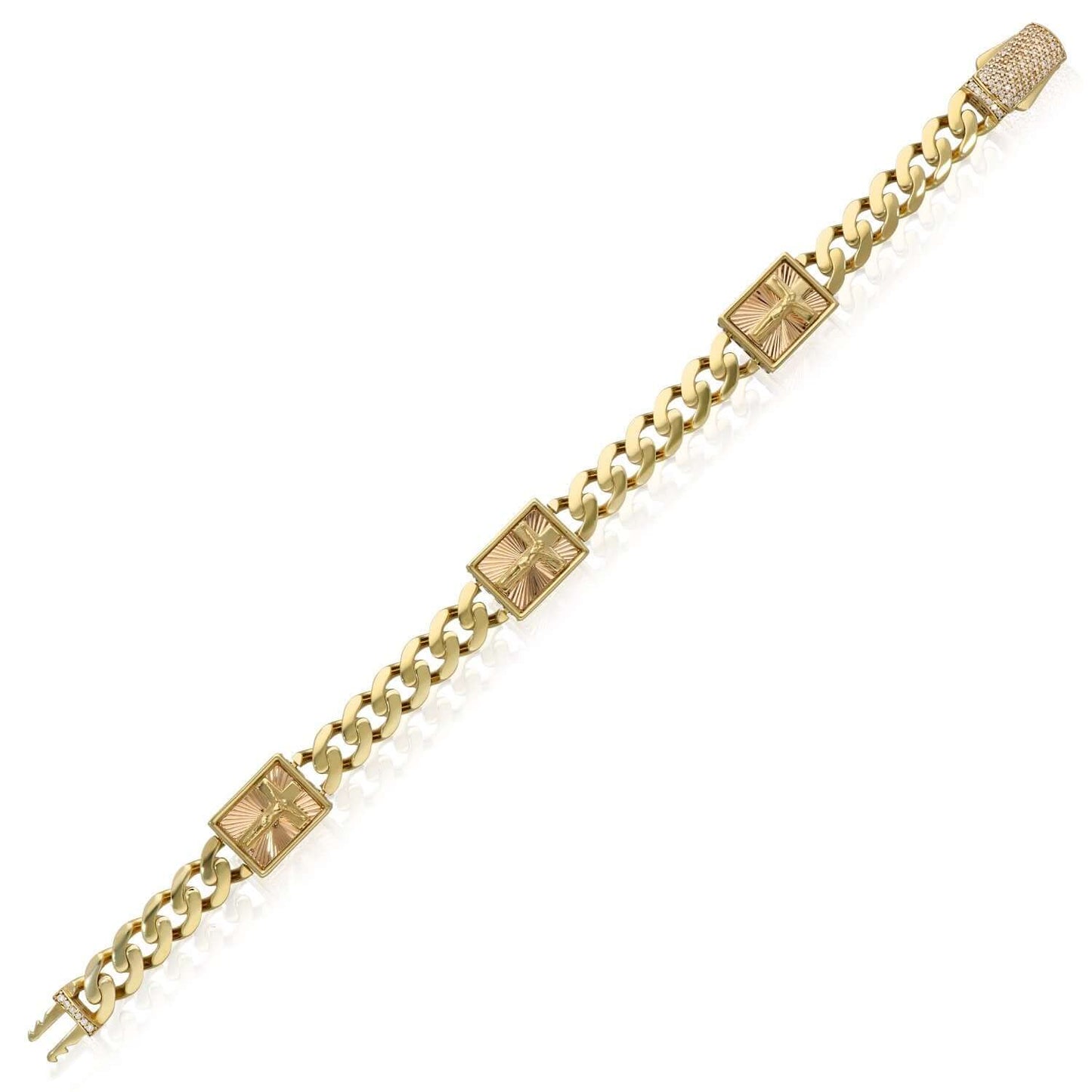 Real 14K Gold 13mm Miami Cuban Jesus Crucifix Bracelet 9" Solid Pavé CZ