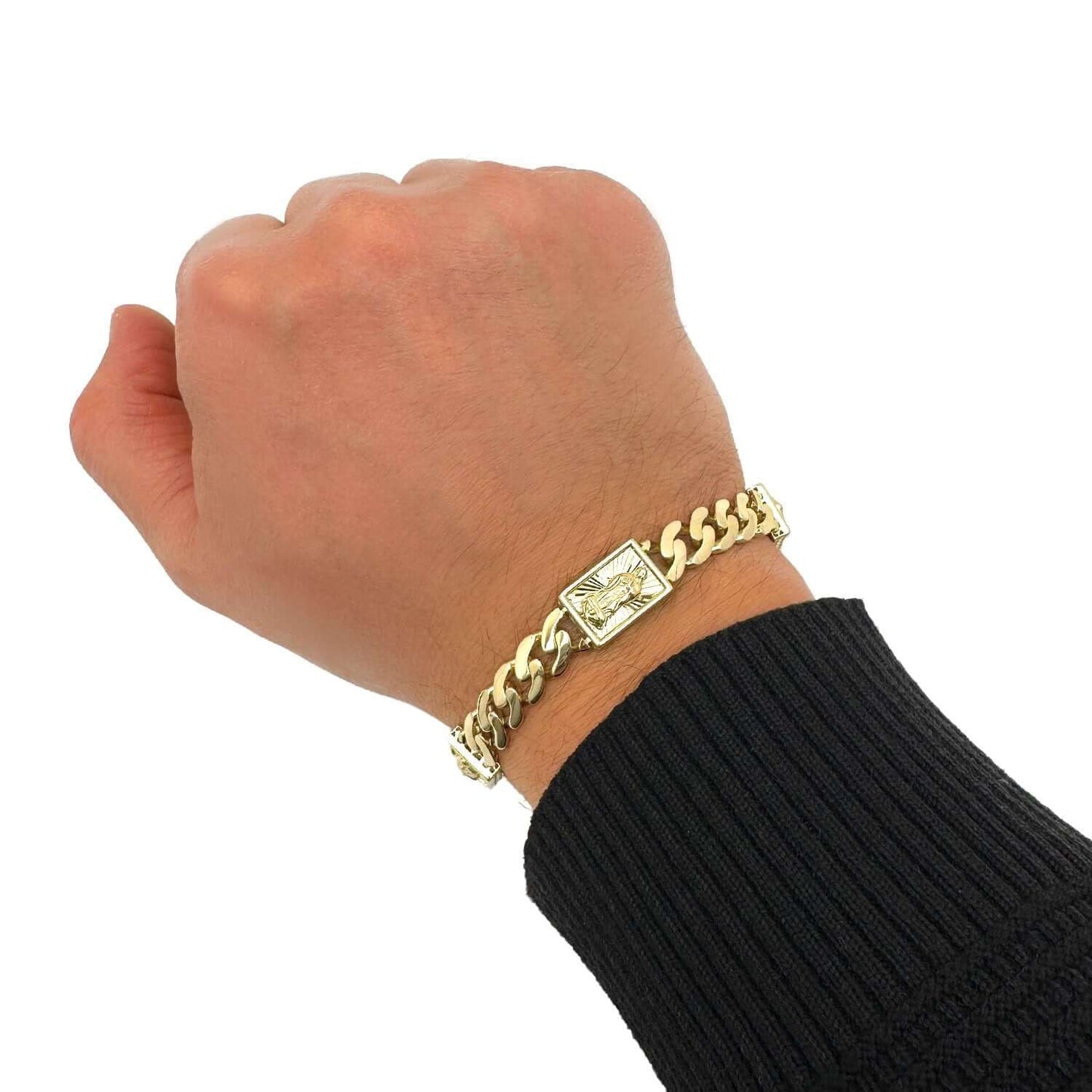 Real 14K Gold 12mm Miami Cuban Jesus Crucifix Bracelet 8" Solid Pavé CZ
