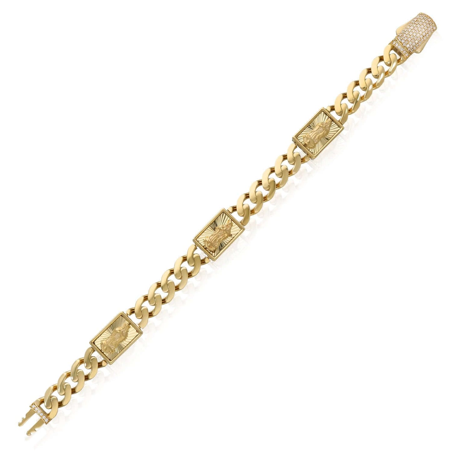 Real 14K Gold 12mm Miami Cuban Jesus Crucifix Bracelet 8" Solid Pavé CZ