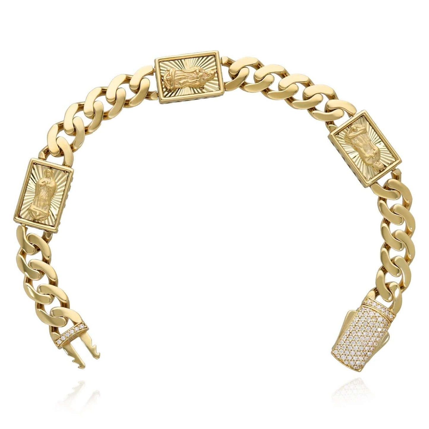 Real 14K Gold 12mm Miami Cuban Jesus Crucifix Bracelet 8" Solid Pavé CZ