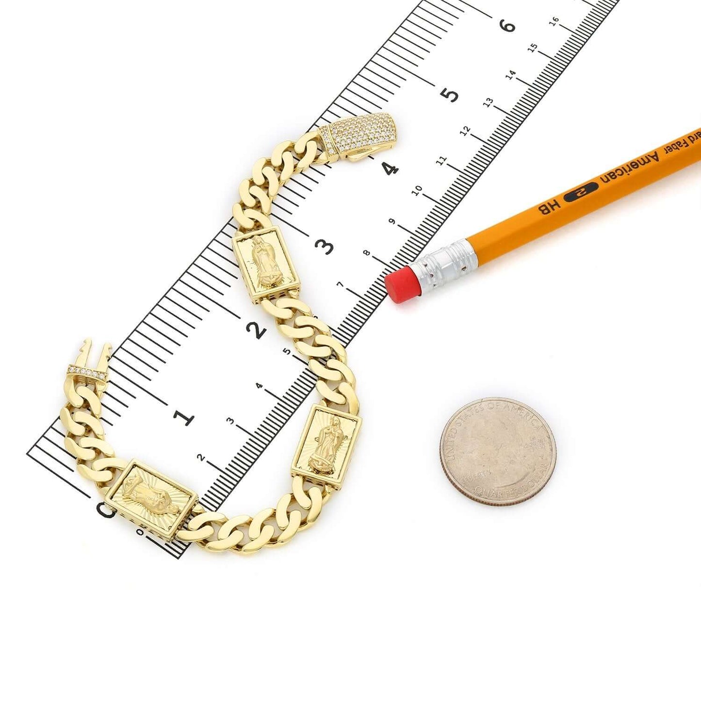 Real 14K Gold 12mm Miami Cuban Jesus Crucifix Bracelet 8" Solid Pavé CZ