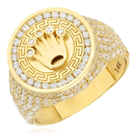 Real 14K Gold Royal Crown Signet Ring 2.30CTW Pavé CZ Greek Key
