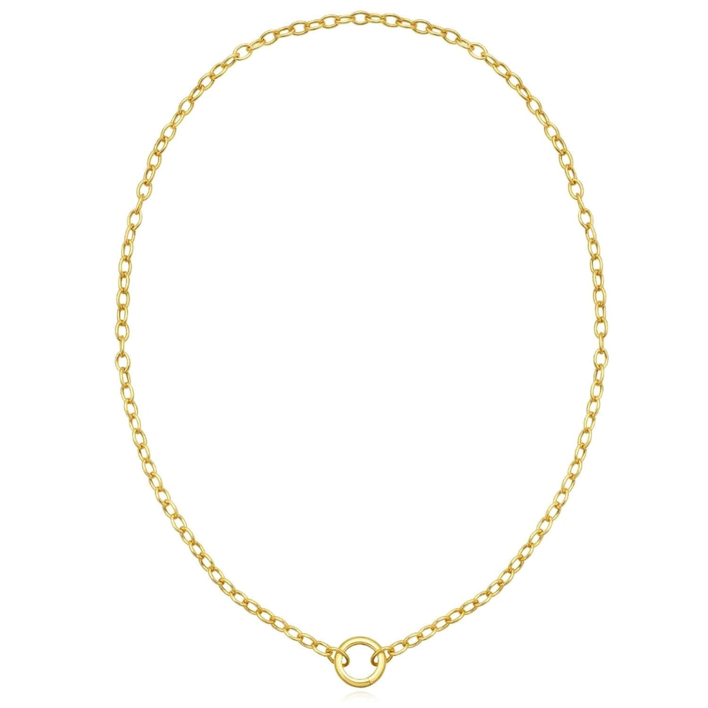 Real 14K Gold 18" Oval Cable Chain Necklace with Circle Charm Lock Pendant
