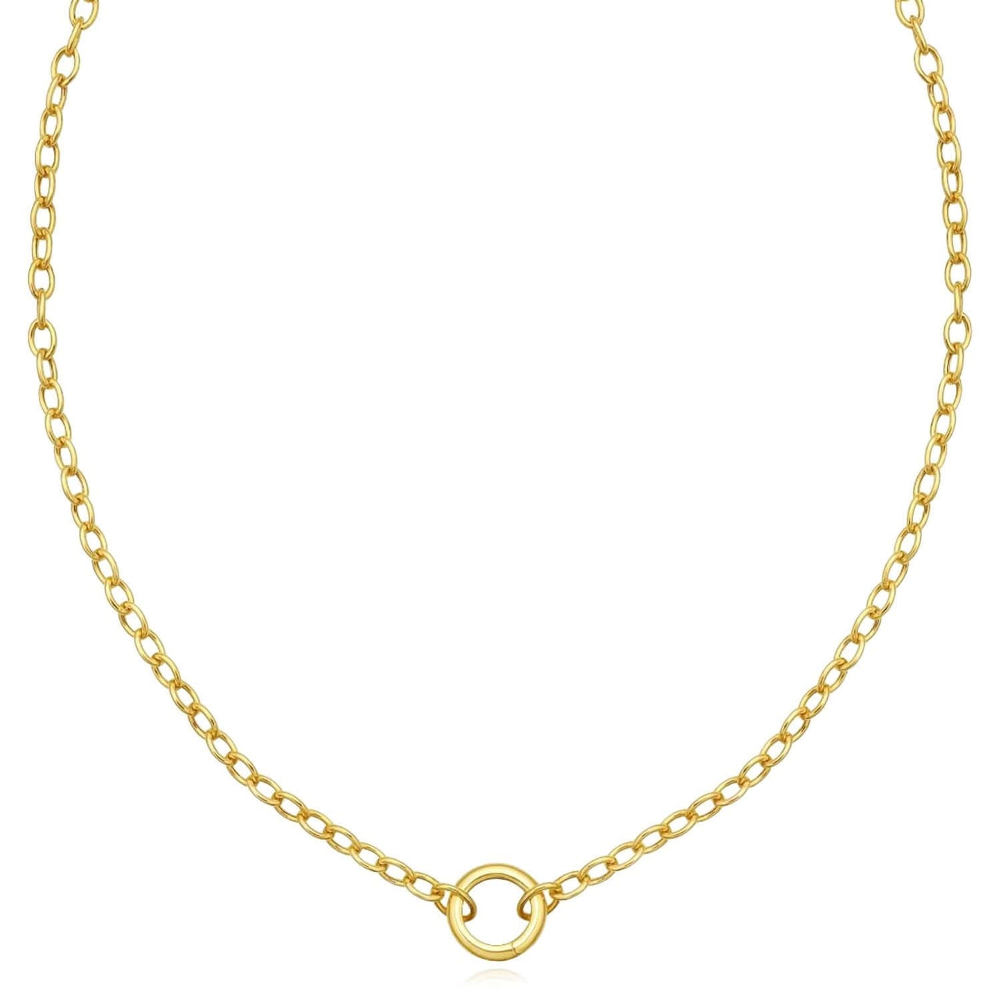 Real 14K Gold 18" Oval Cable Chain Necklace with Circle Charm Lock Pendant