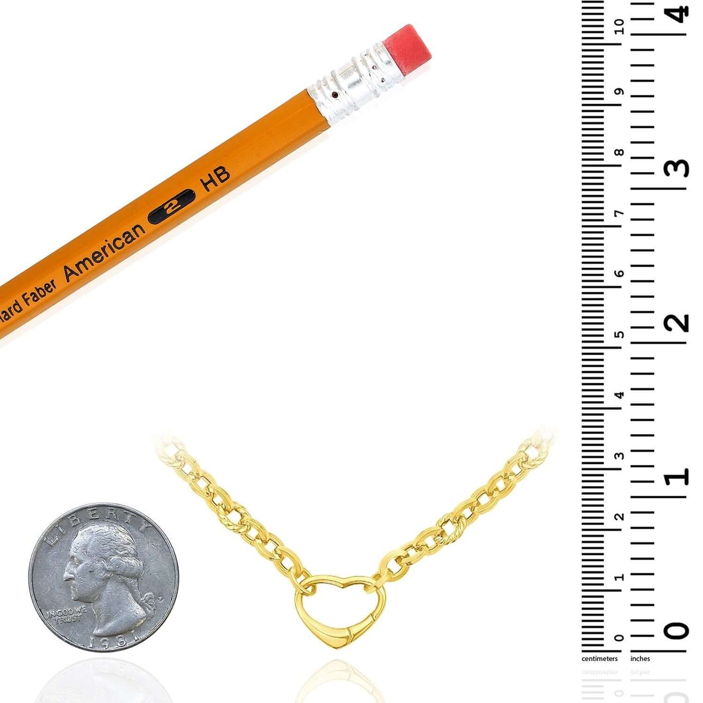 Real 14K Gold 18" Cable Chain Necklace with Open Heart Clasp Lock Pendant