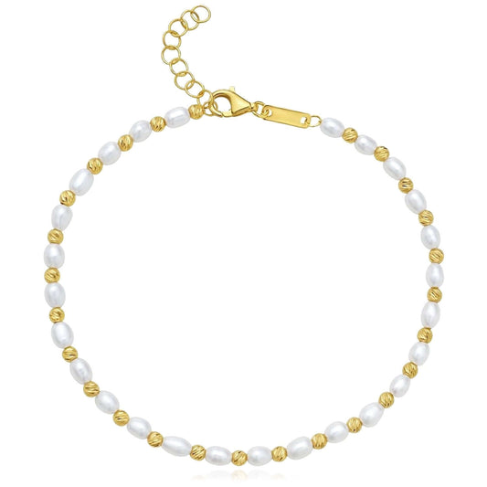 14K Yellow Gold Cultured Pearl Textured Bead Adjustable Bracelet (Solid Links) 7"-8" Italian Made