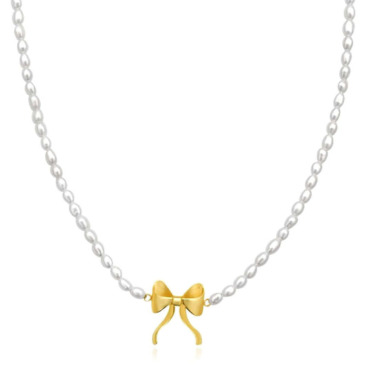 14K Yellow Gold Cultured Pearl Bow Necklace (Solid Links) 16"-18" Adjustable Italian Made
