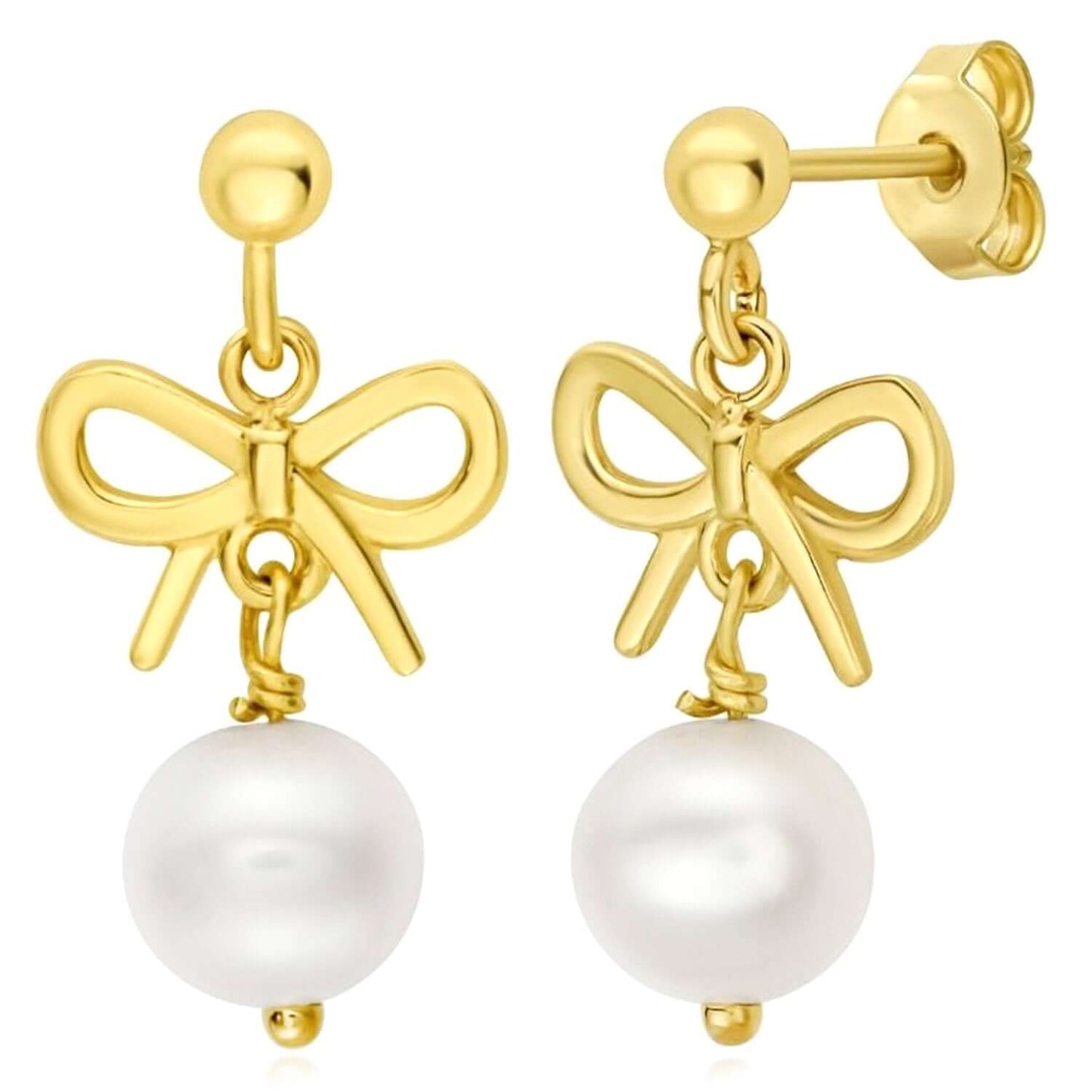 Real 14K Gold Bow & Cultured Pearl Drop Earrings – Italian Made