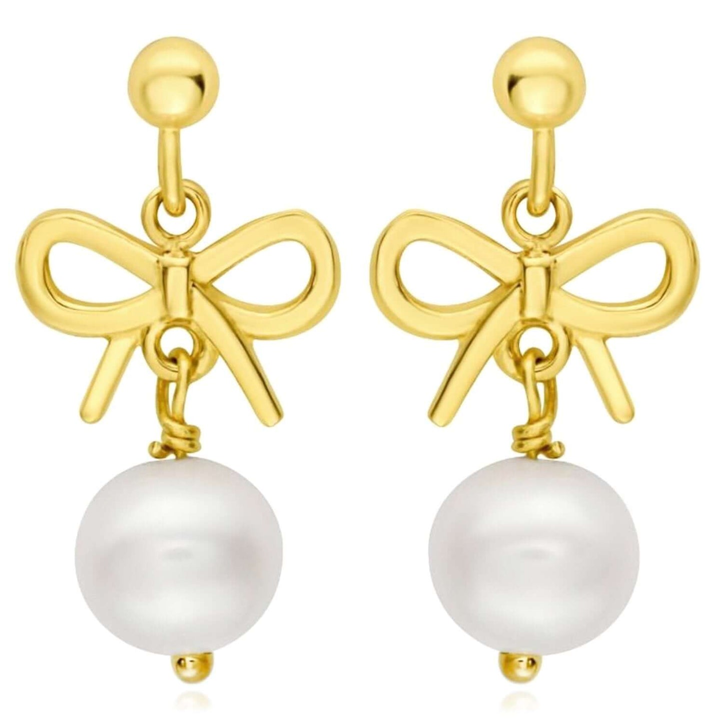 Real 14K Gold Bow & Cultured Pearl Drop Earrings – Italian Made