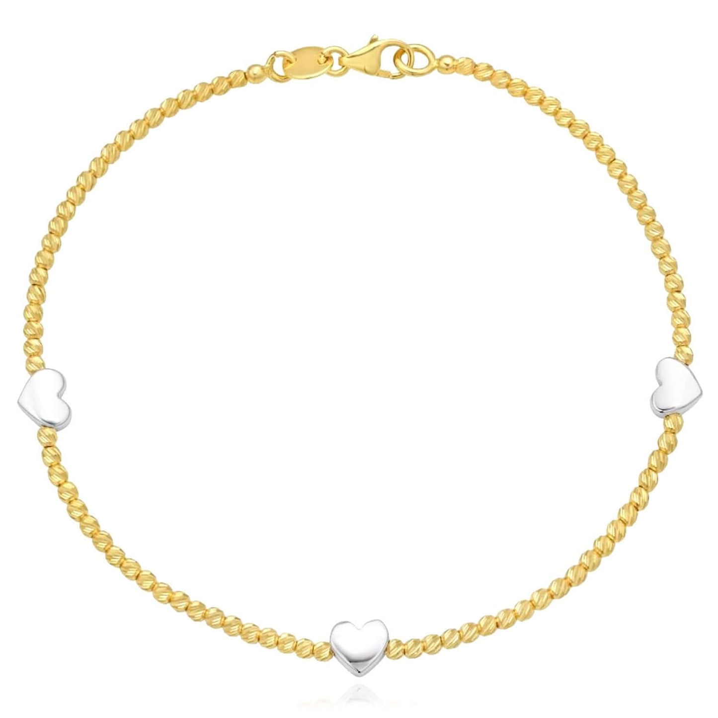 Real 14K Gold Yellow or Two-Tone Beaded Heart Station Bracelet 7" – Italian Made