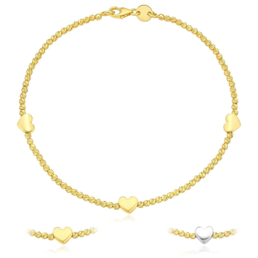 14K Yellow Gold or Two-Tone Beaded Heart Station Bracelet (Solid Links) 7" Italian Made