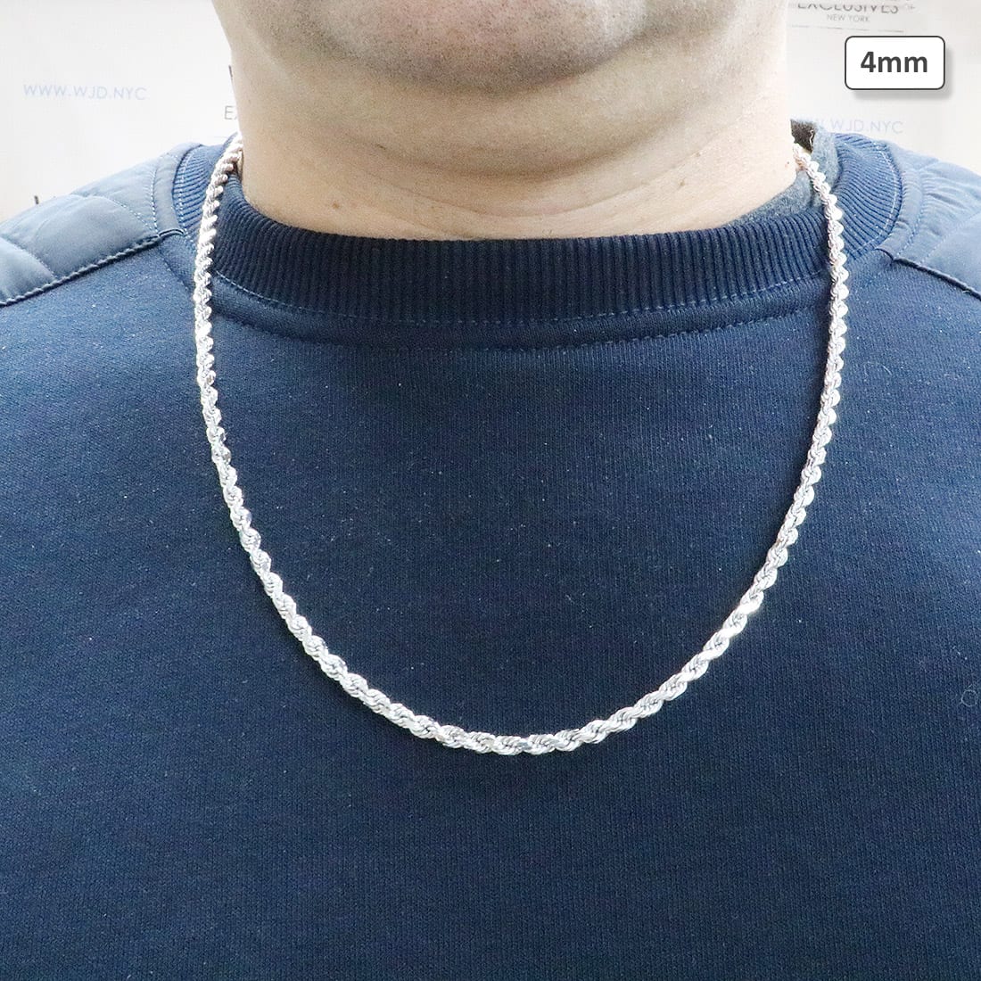 Solid 10K White Gold 4mm Diamond-Cut Rope Chain Necklace 20"-24"