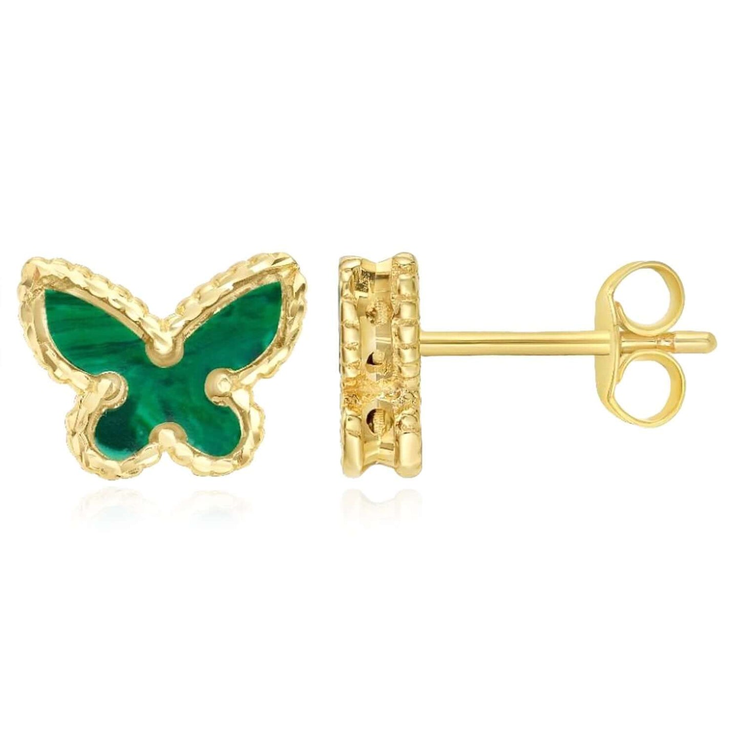 Real 14K Gold Enamel Butterfly Stud Earrings Turquoise Malachite Mother of Pearl
