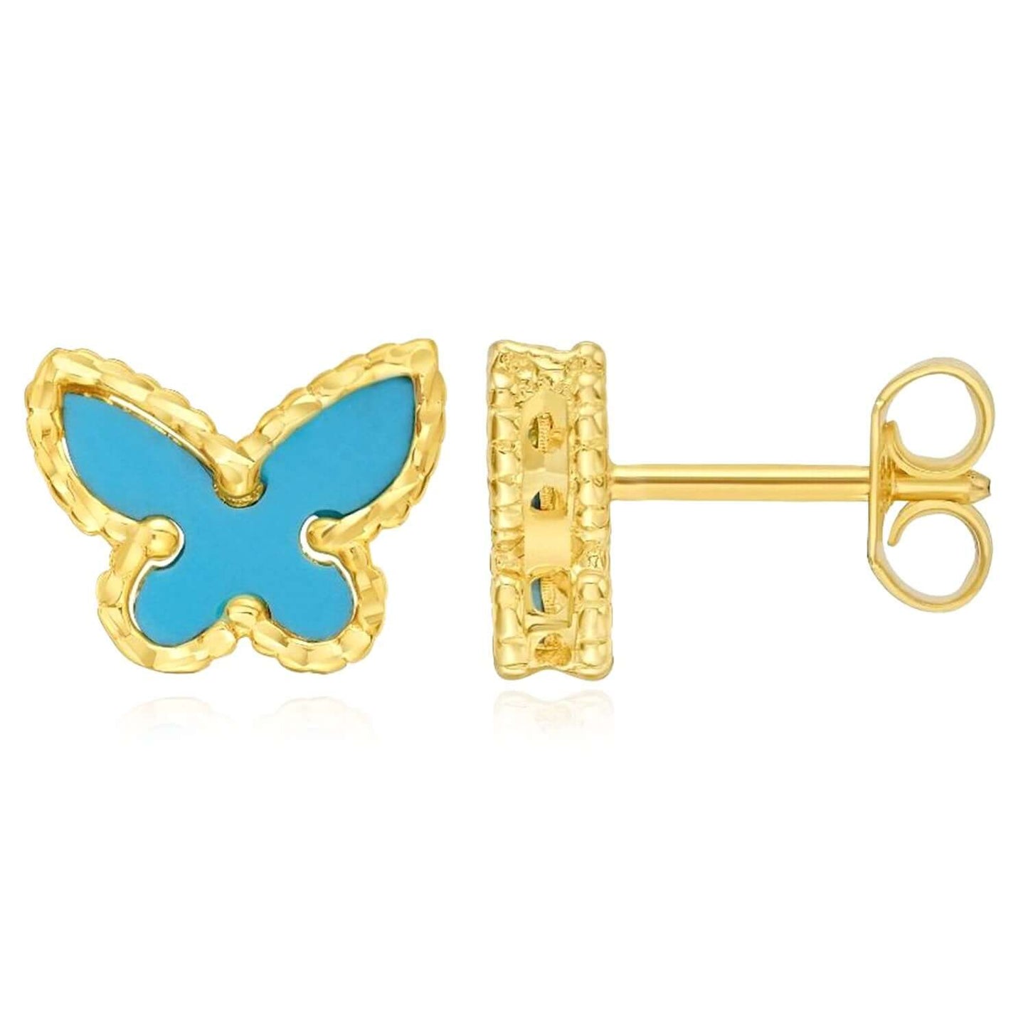 Real 14K Gold Enamel Butterfly Stud Earrings Turquoise Malachite Mother of Pearl