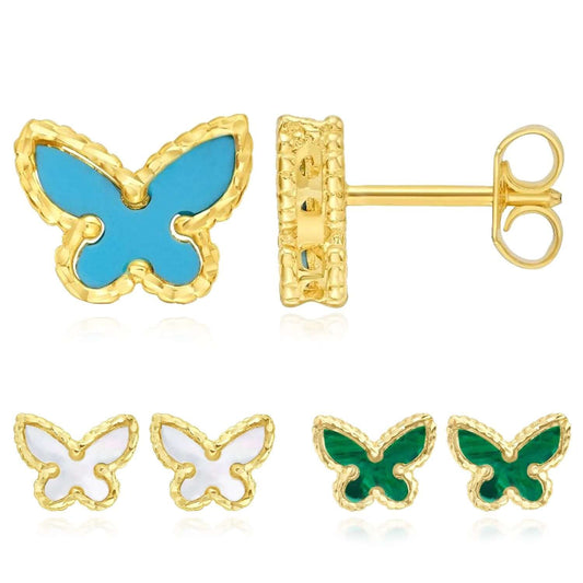 Real 14K Gold Enamel Butterfly Stud Earrings Turquoise Malachite Mother of Pearl
