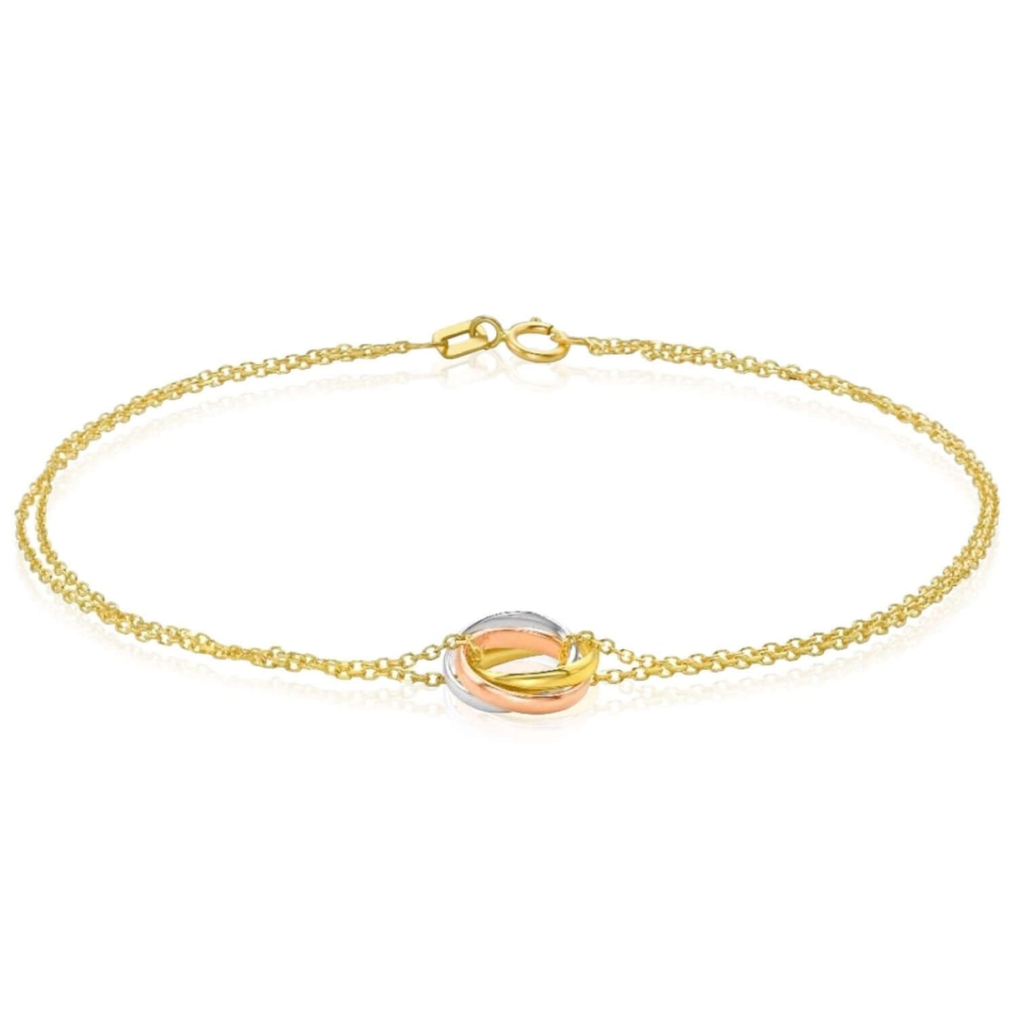 Real 14K Gold Tri-Color Interlock Trinity Circles Cable Bracelet 7.5" Double Row