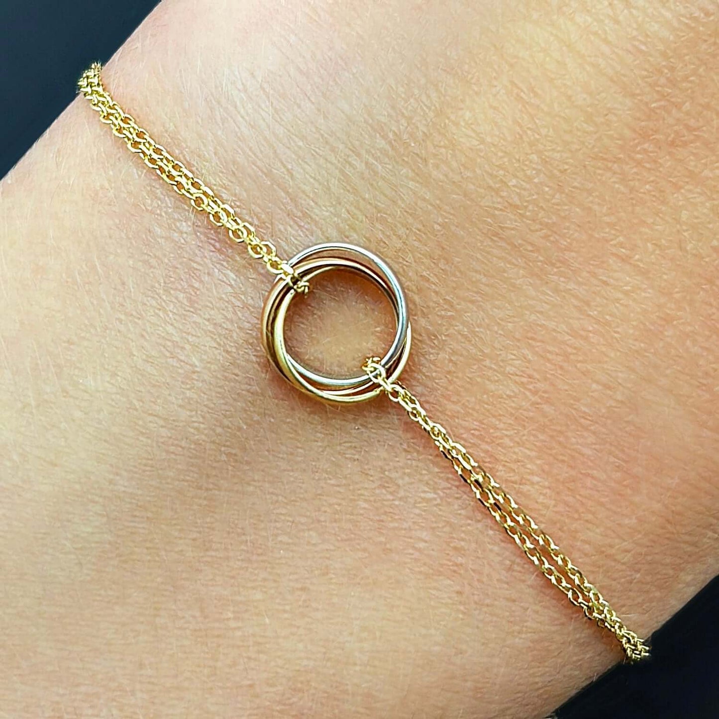 Real 14K Gold Tri-Color Interlock Trinity Circles Cable Bracelet 7.5" Double Row