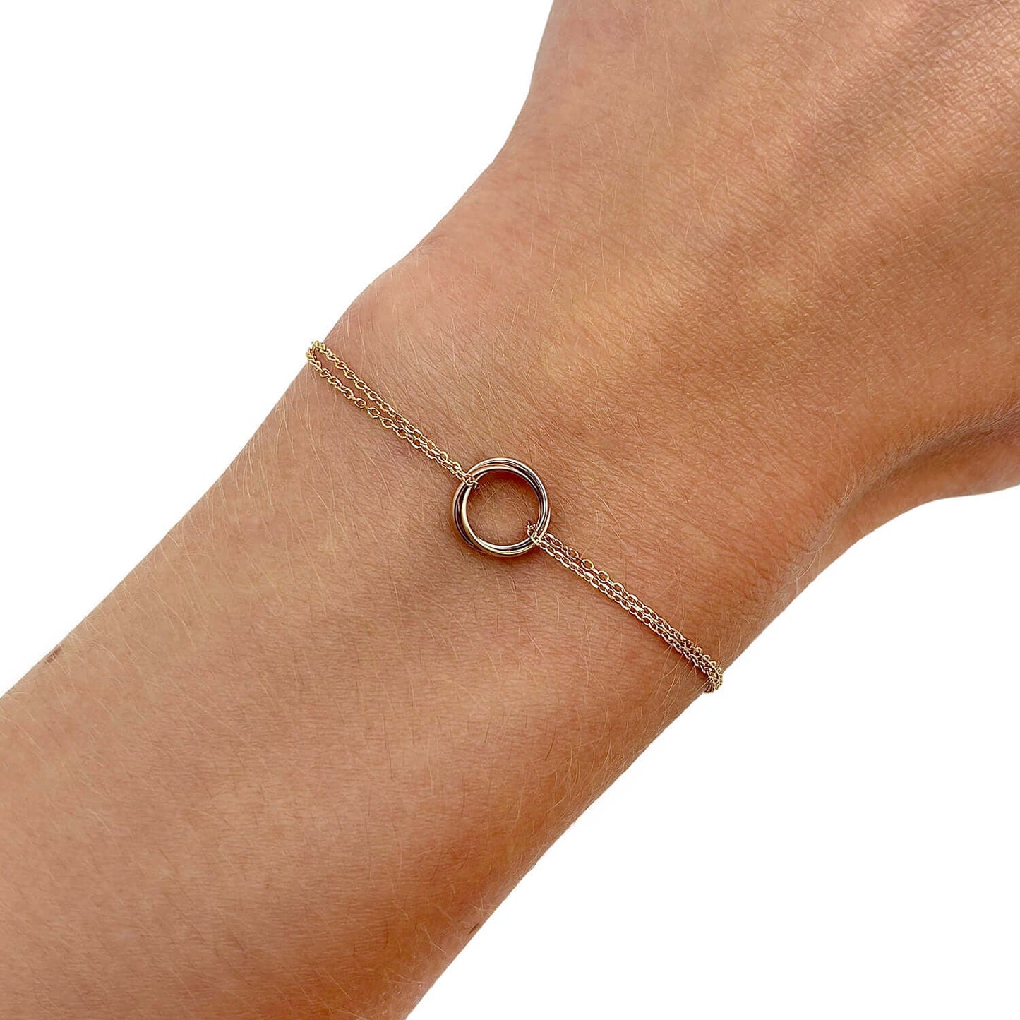 Real 14K Gold Tri-Color Interlock Trinity Circles Cable Bracelet 7.5" Double Row