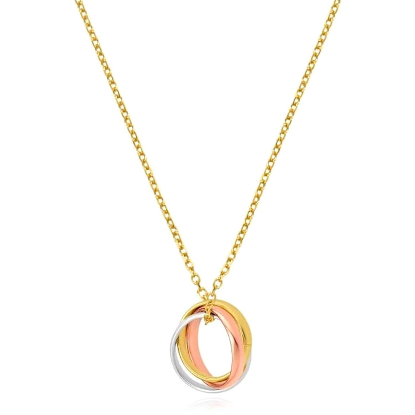 Real 14K Gold Tri-Color Interlocked Trinity Circles Pendant Cable Necklace 18”