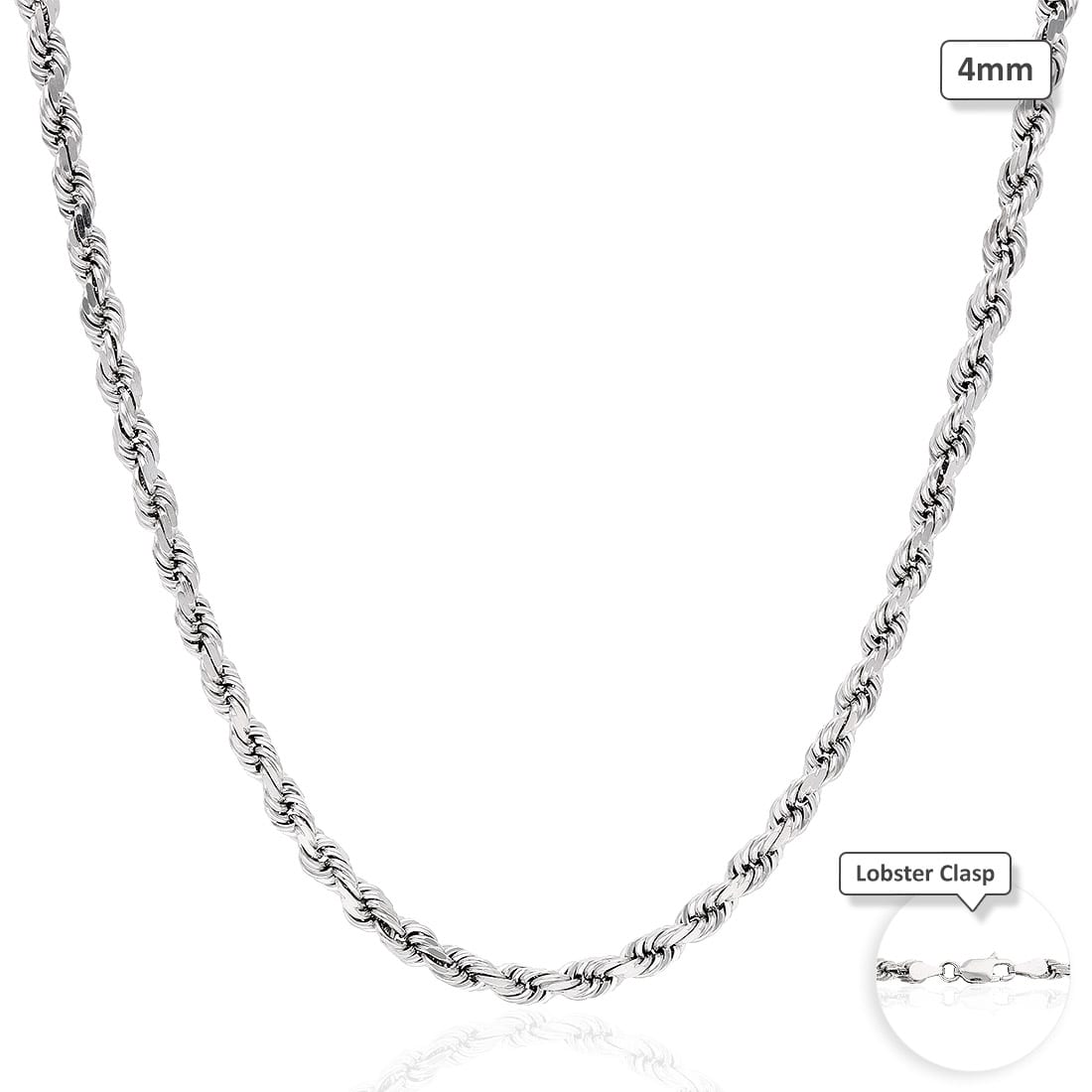 Solid 10K White Gold 4mm Diamond-Cut Rope Chain Necklace 20"-24"