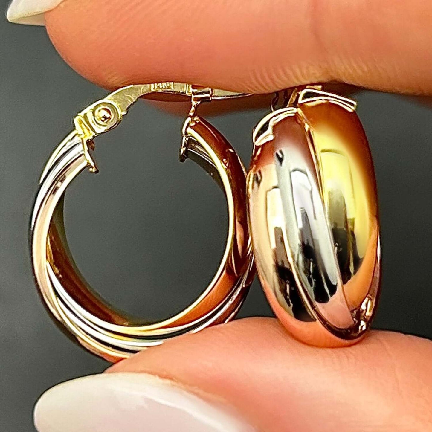 Real 14K Gold Tri-Color Interlocked Trinity Hoop Earrings 20mm – Italian Made