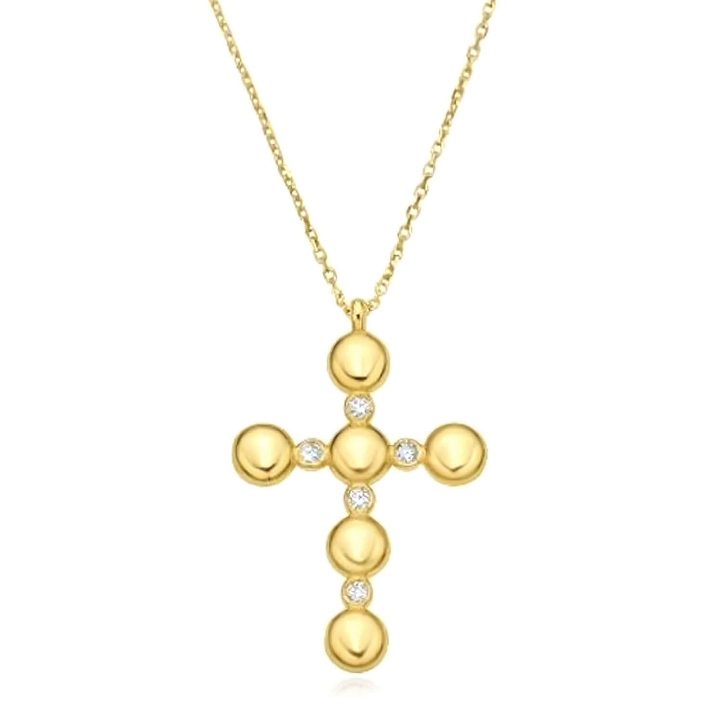 Real Diamond 14K Real Gold Bezel Pebble Cross Pendant Necklace 16"-18" Adjust.