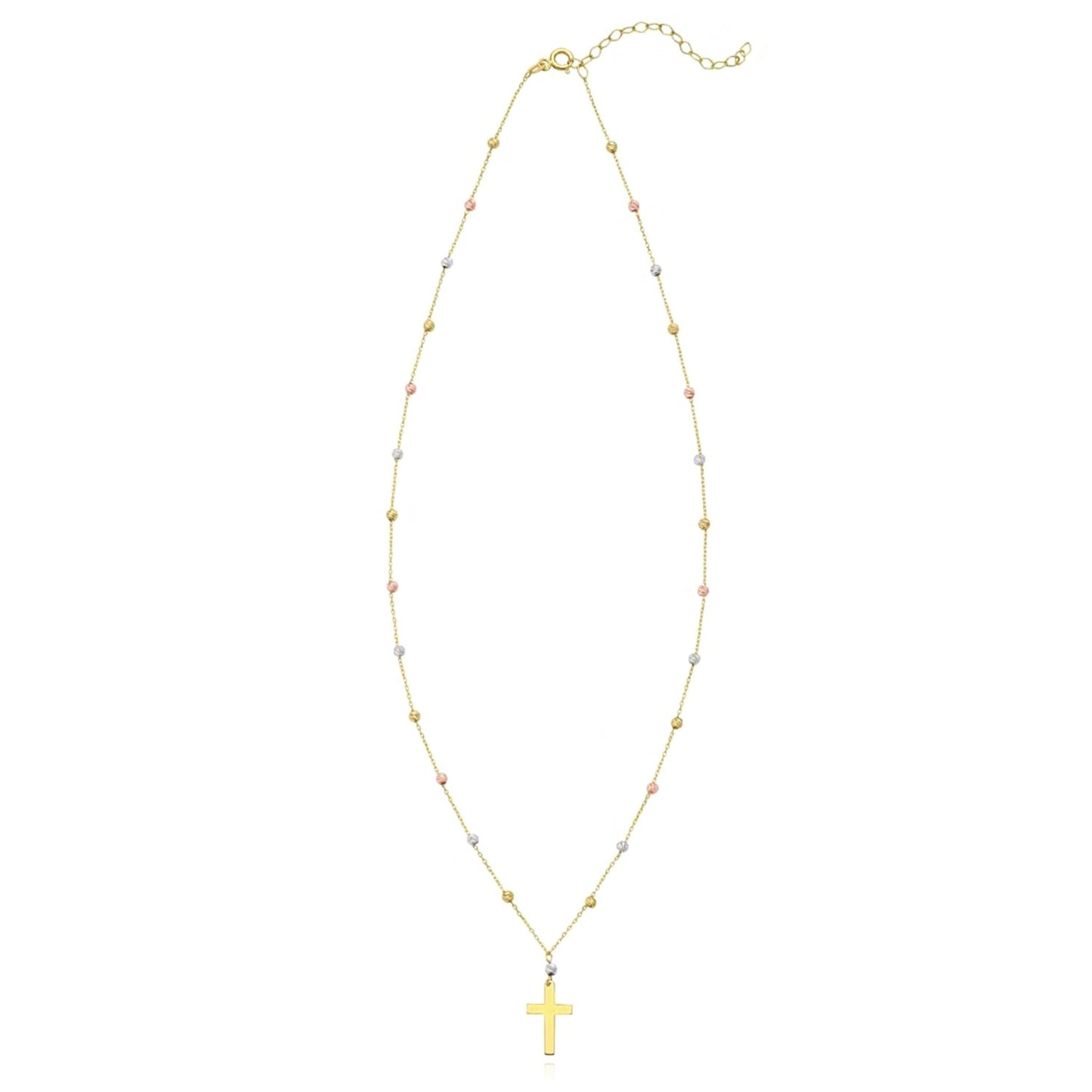 Real 14K Gold Tri-Color Beaded Cross Pendant Necklace 16"-18" Adjustable