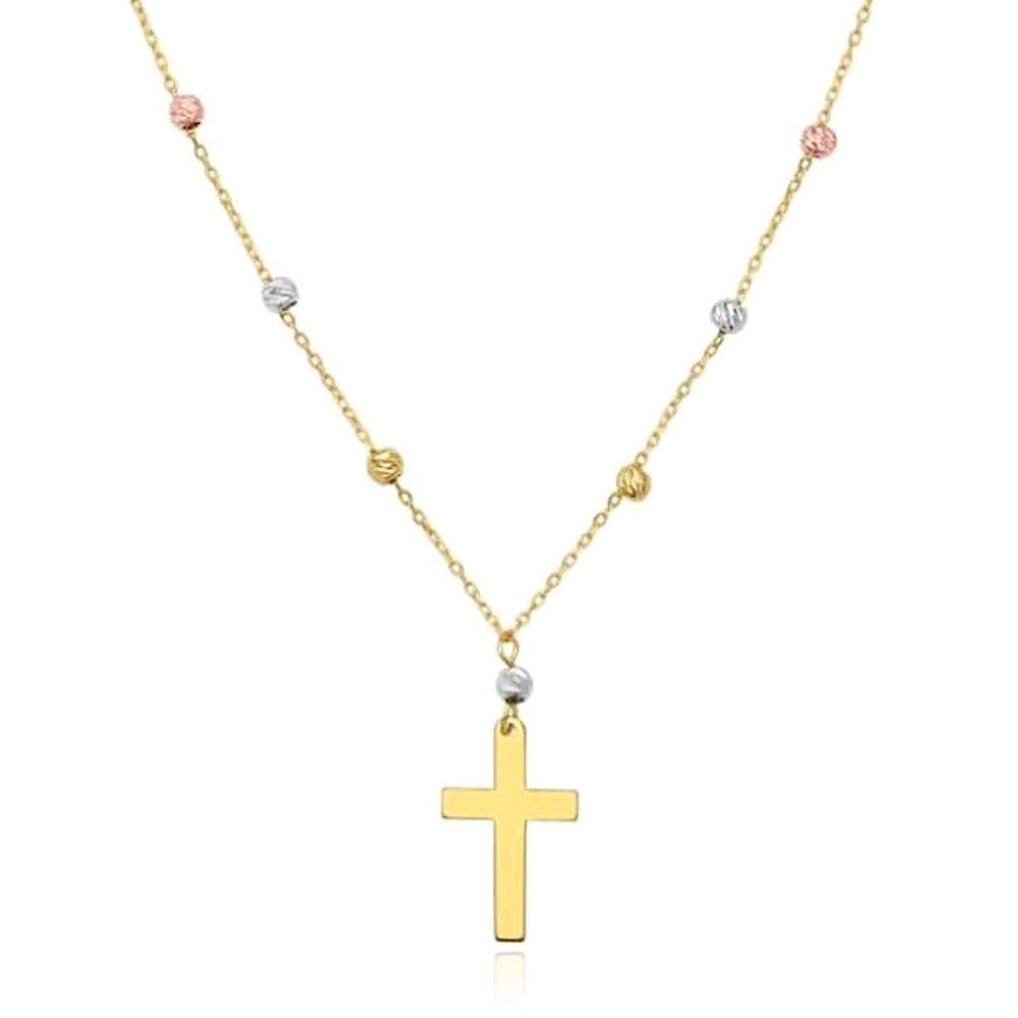 Real 14K Gold Tri-Color Beaded Cross Pendant Necklace 16"-18" Adjustable