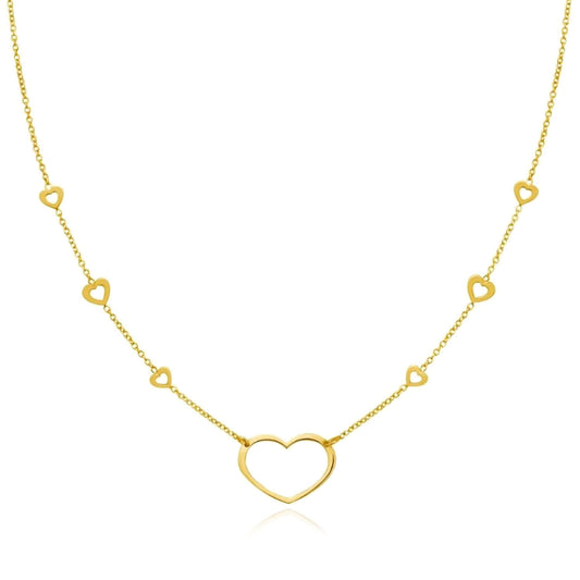 14K Yellow Gold Open Heart Station Necklace (Solid Links) 16"-18" Adjustable