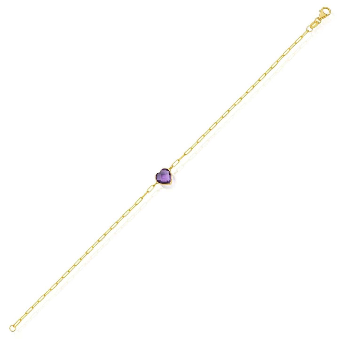 14K Yellow Gold Paperclip Bracelet with Heart Gemstone (Solid Links) 7" Italian Made