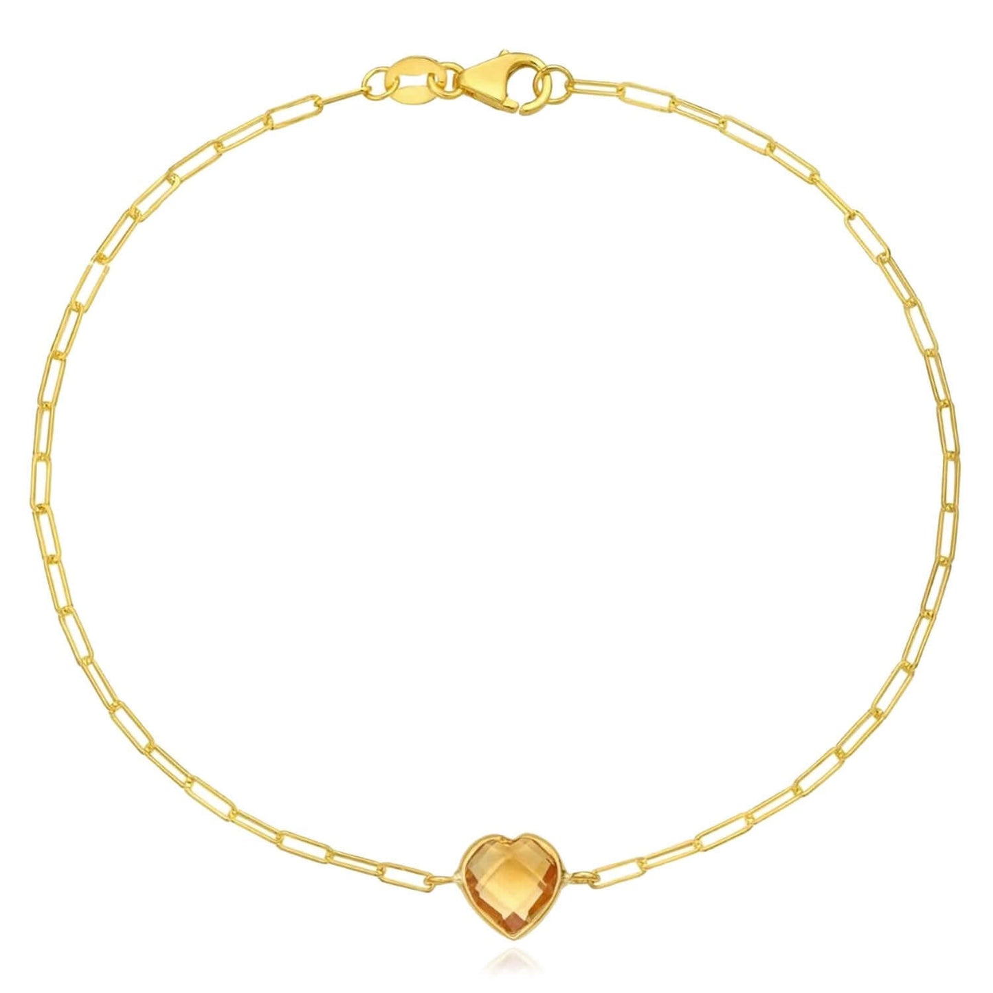 14K Yellow Gold Paperclip Bracelet with Heart Gemstone (Solid Links) 7" Italian Made