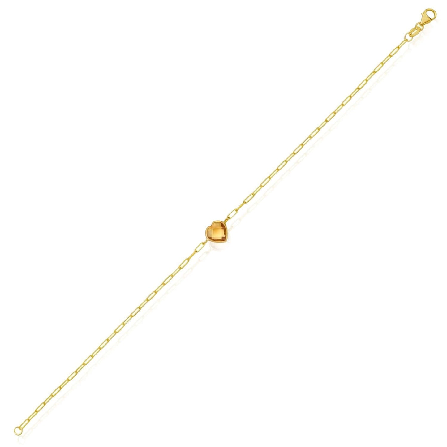 14K Yellow Gold Paperclip Bracelet with Heart Gemstone (Solid Links) 7" Italian Made