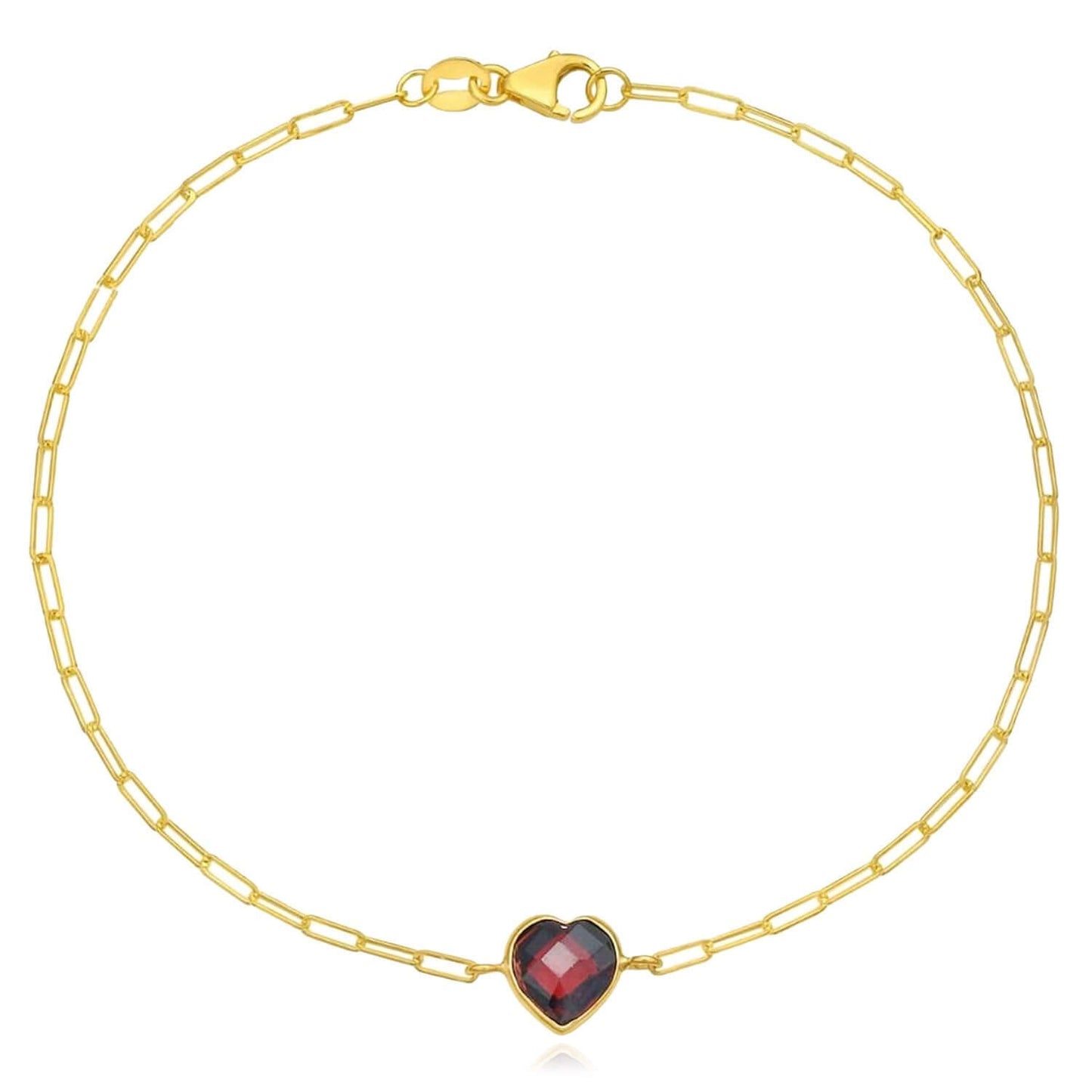 14K Yellow Gold Paperclip Bracelet with Heart Gemstone (Solid Links) 7" Italian Made