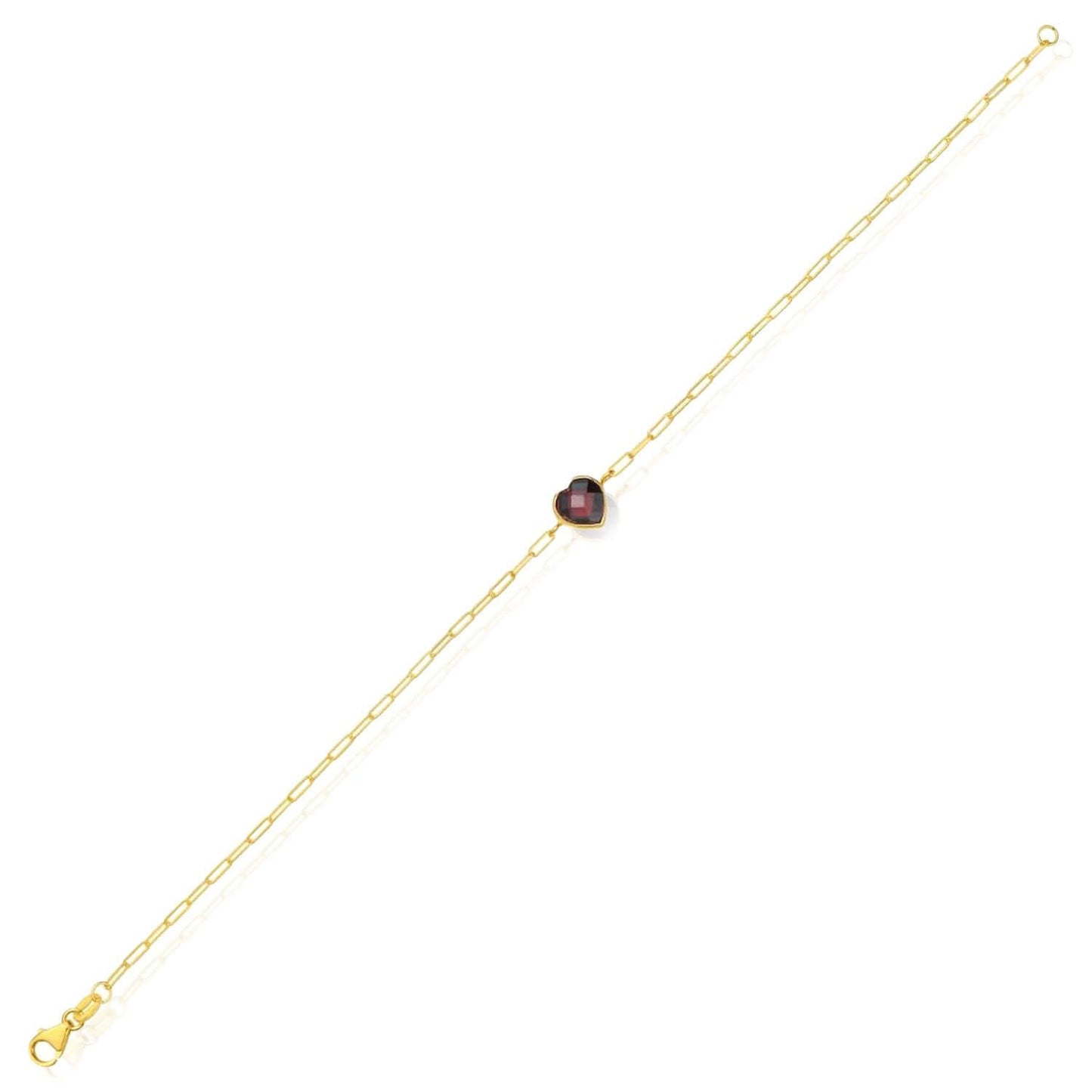 14K Yellow Gold Paperclip Bracelet with Heart Gemstone (Solid Links) 7" Italian Made