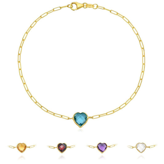 14K Yellow Gold Paperclip Bracelet with Heart Gemstone (Solid Links) 7" Italian Made
