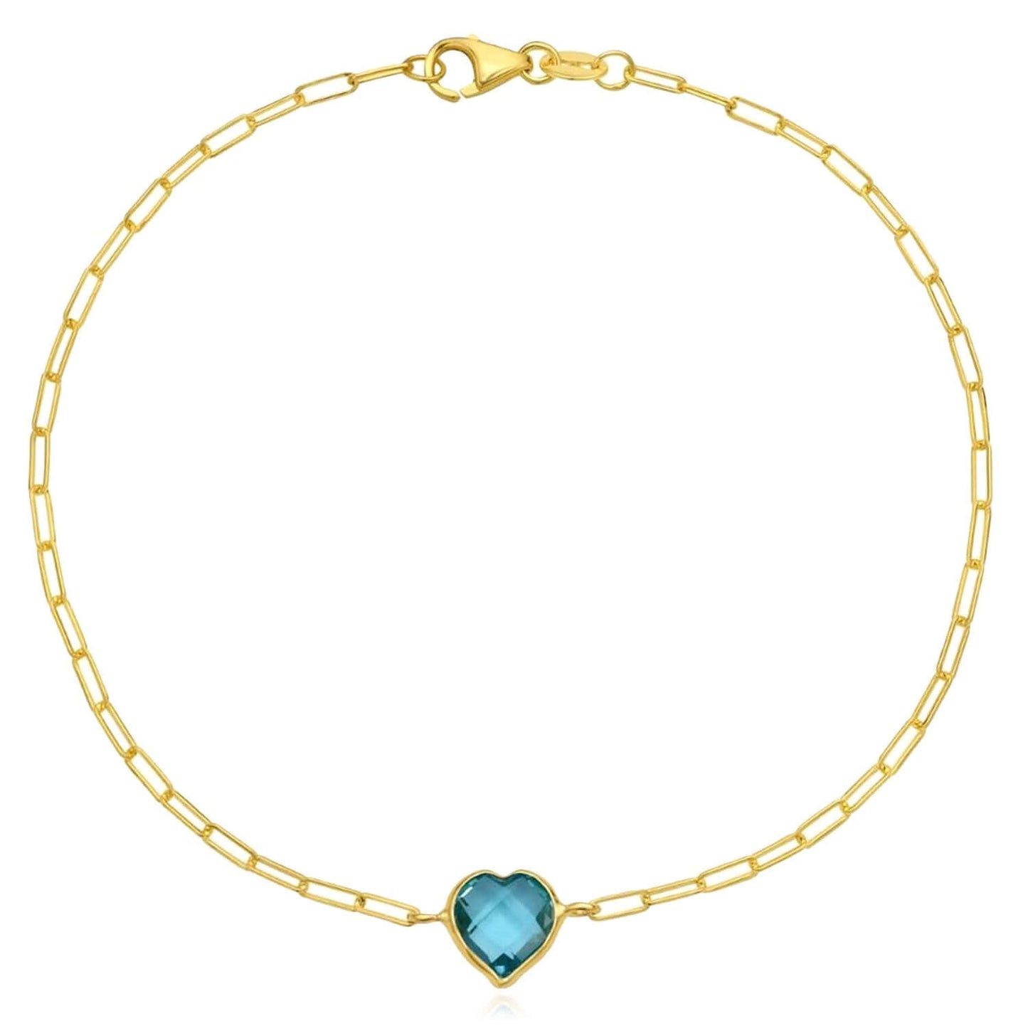 14K Yellow Gold Paperclip Bracelet with Heart Gemstone (Solid Links) 7" Italian Made
