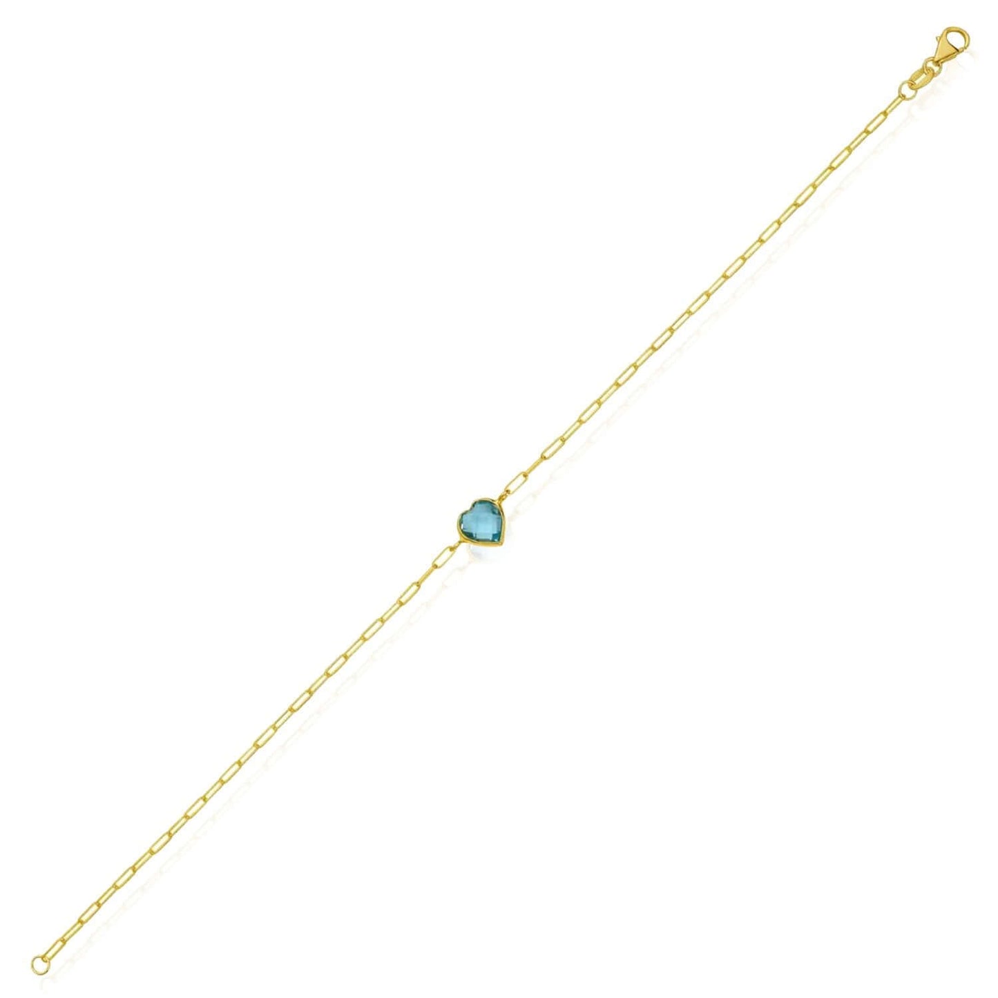 14K Yellow Gold Paperclip Bracelet with Heart Gemstone (Solid Links) 7" Italian Made