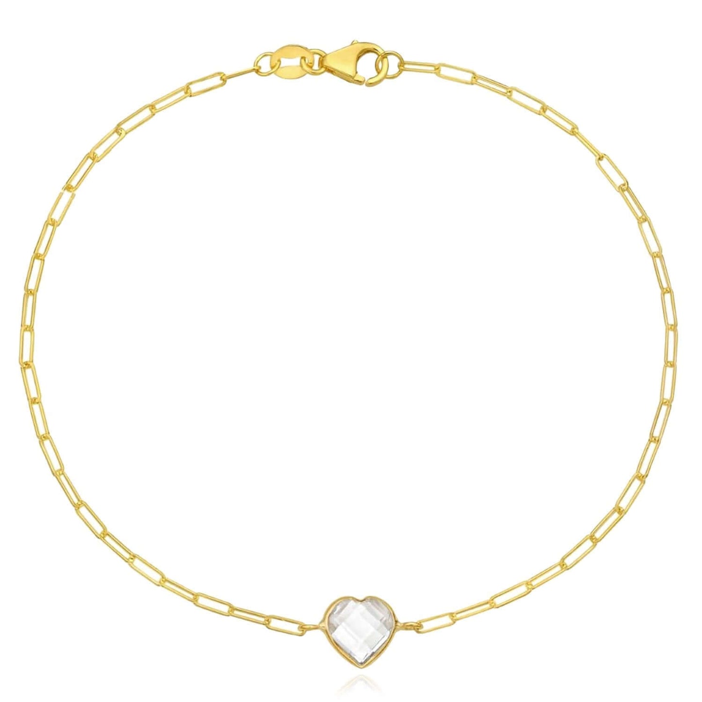 14K Yellow Gold Paperclip Bracelet with Heart Gemstone (Solid Links) 7" Italian Made