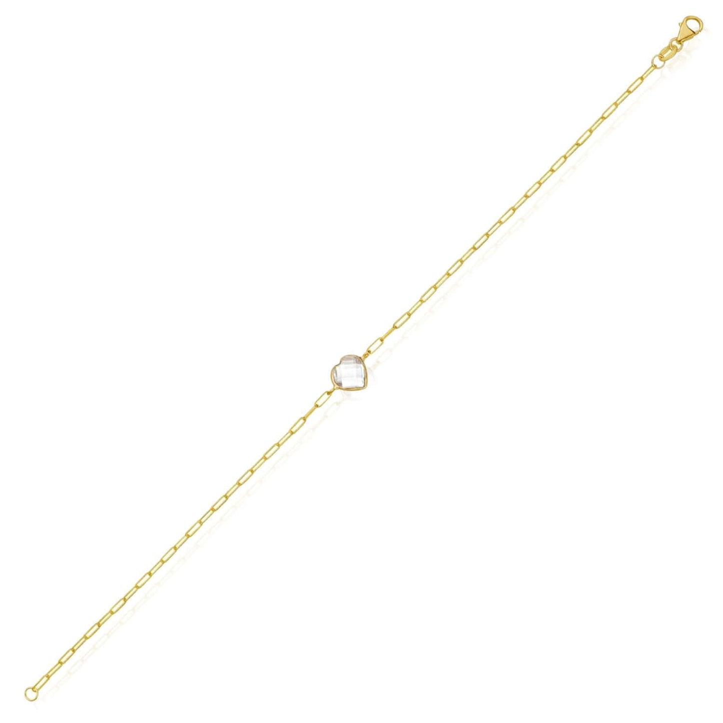 14K Yellow Gold Paperclip Bracelet with Heart Gemstone (Solid Links) 7" Italian Made