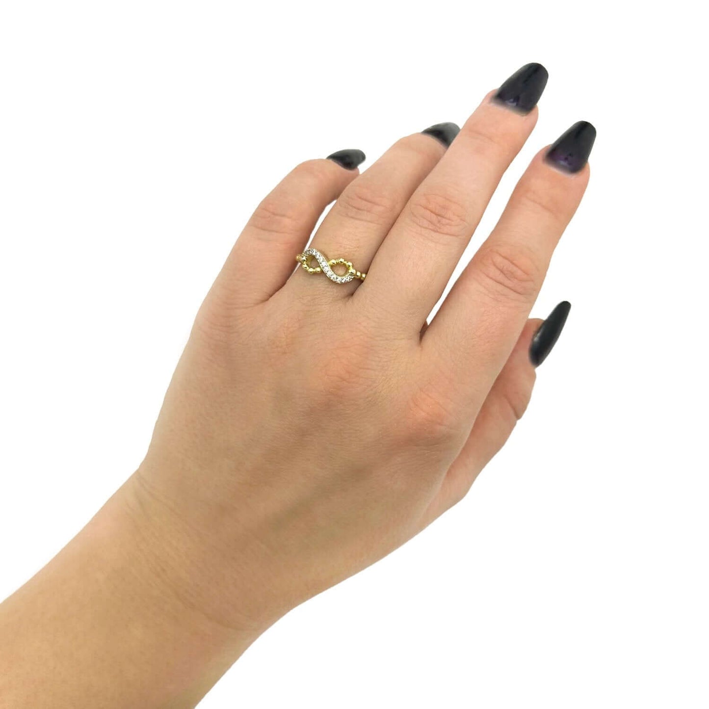 Real 14K Gold Beaded Infinity Ring with CZ Accents – Italian Made