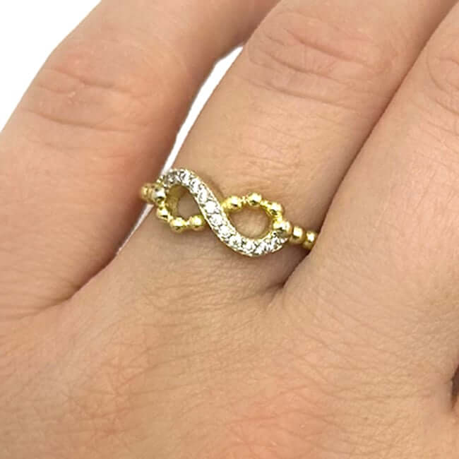 Real 14K Gold Beaded Infinity Ring with CZ Accents – Italian Made