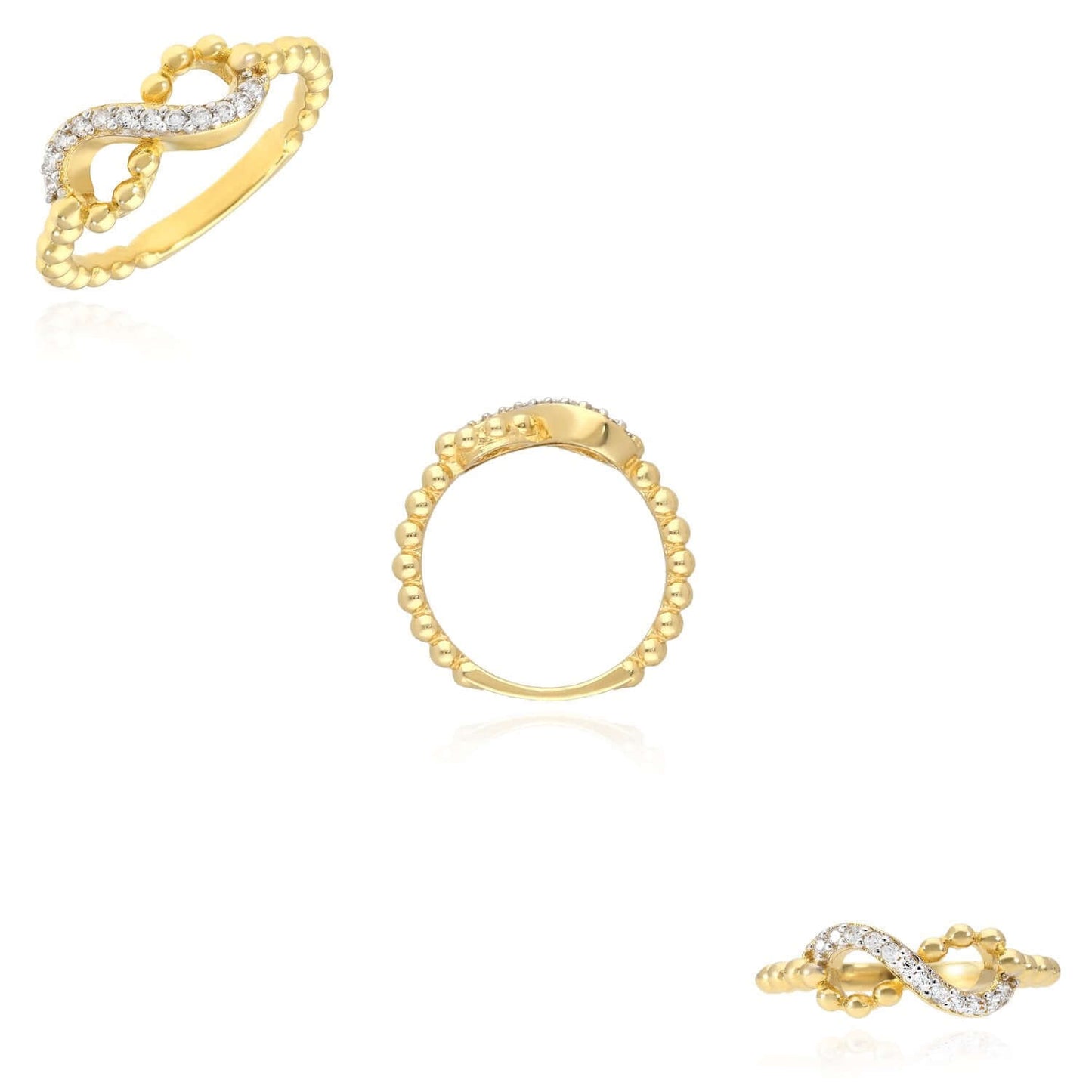 Real 14K Gold Beaded Infinity Ring with CZ Accents – Italian Made