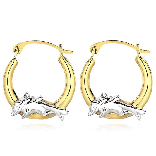 Real 10K Gold Two-Tone Double Dolphin Huggie Hoop Earrings 15mm – Italian Made