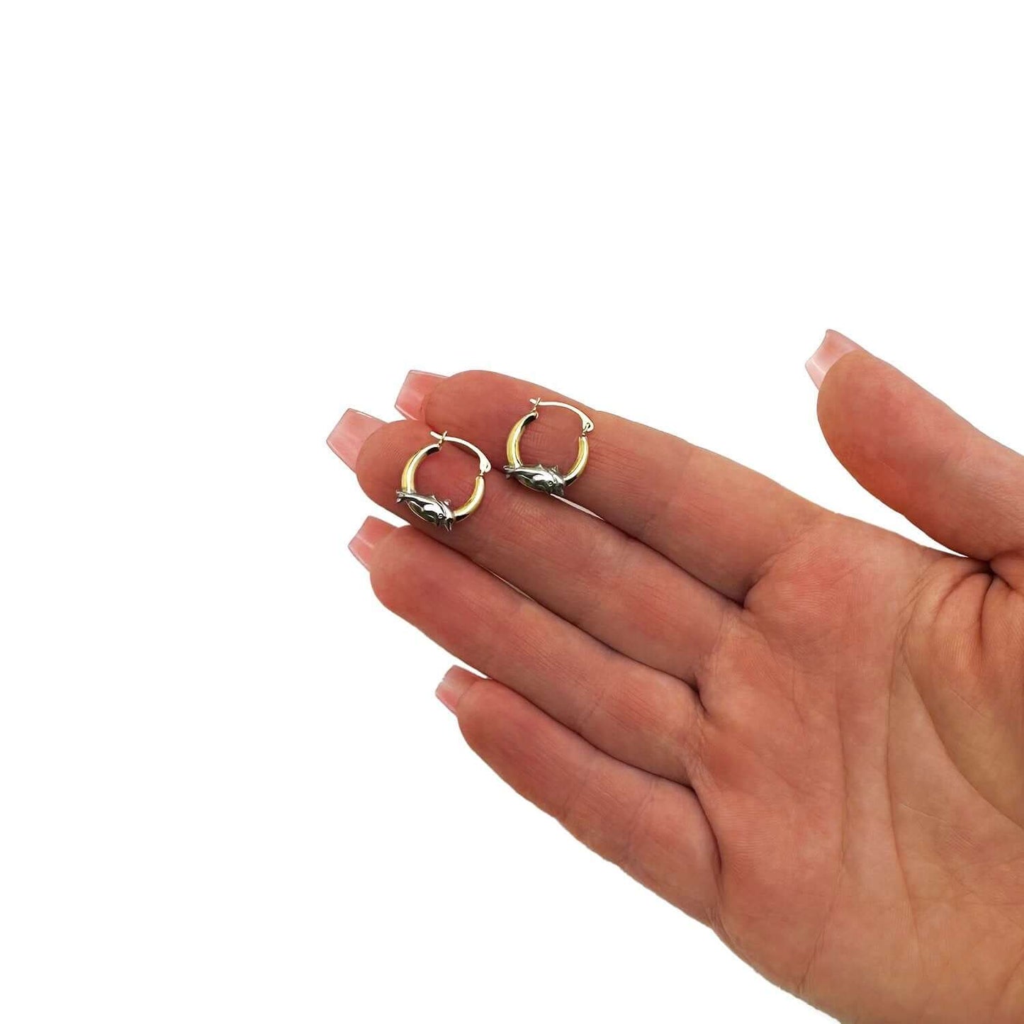 Real 10K Gold Two-Tone Double Dolphin Huggie Hoop Earrings 15mm – Italian Made
