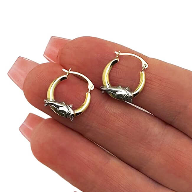 Real 10K Gold Two-Tone Double Dolphin Huggie Hoop Earrings 15mm – Italian Made