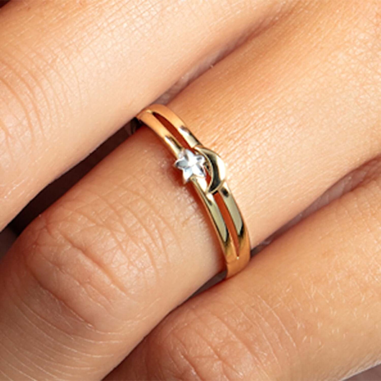 Real 10K Gold Two-Tone Star & Moon Stackable Ring – Italian Made