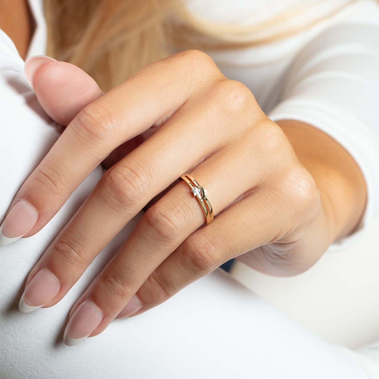 Real 10K Gold Two-Tone Star & Moon Stackable Ring – Italian Made