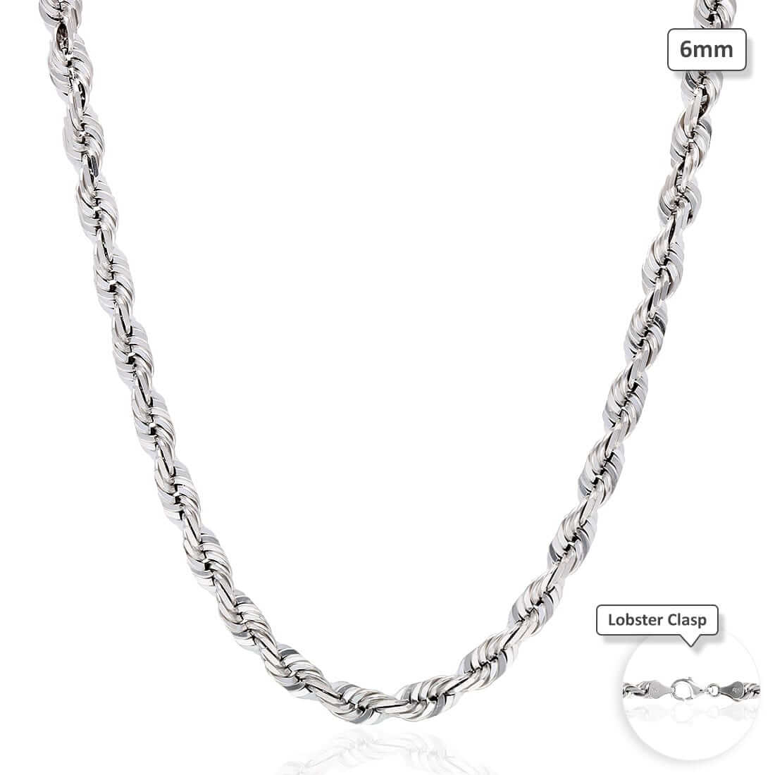 10K White Gold 6mm Diamond-Cut Rope Chain (Solid Links) 22