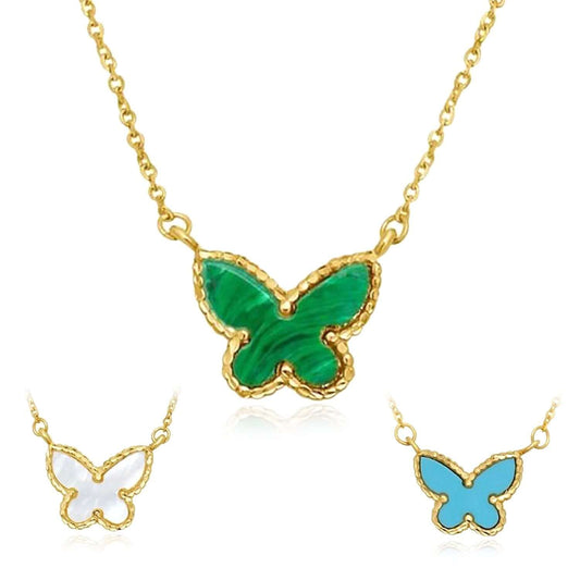 14K Yellow Gold Butterfly Necklace Turquoise Malachite Mother of Pearl (Solid Links) 16"-18" Adjustable